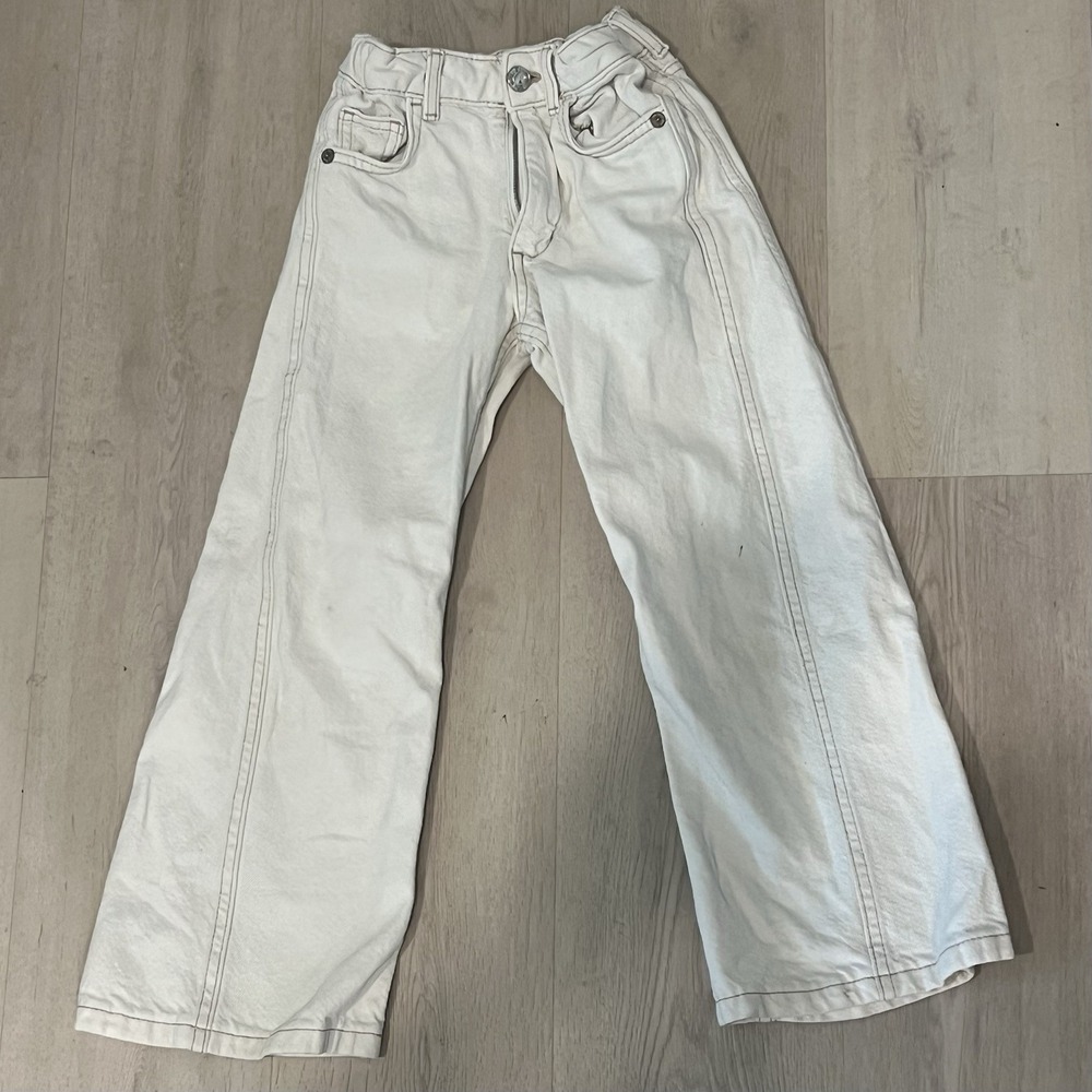 Zara Jeans Girl Sz 7 Light Khaki/White Denim Wide Leg Adjustable Waist Barrel